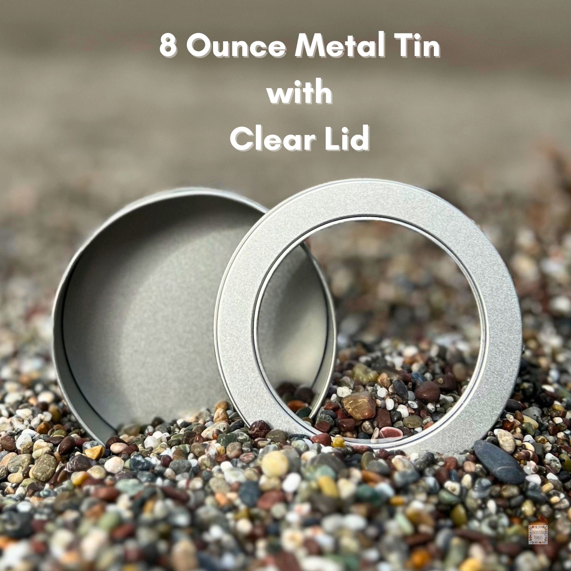 Eight ounce silver metal tin on pebble beach